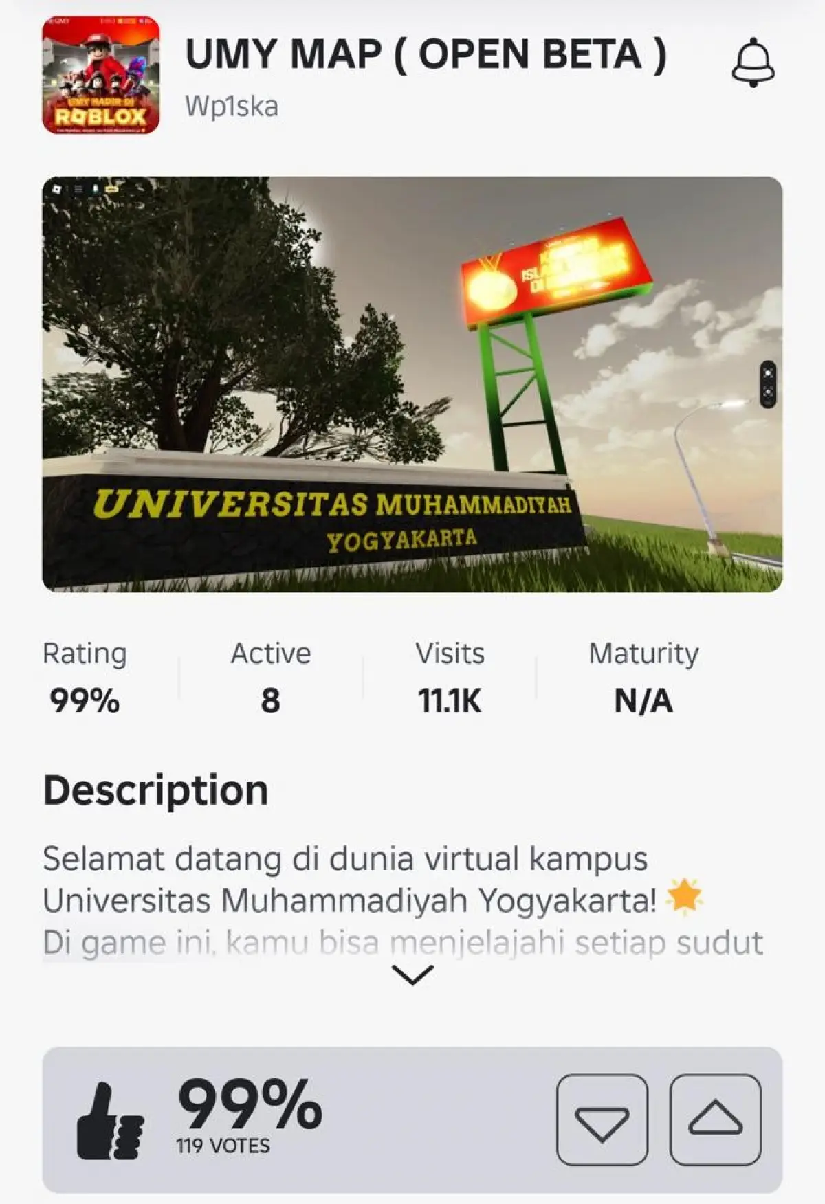 Rating UMY Map di open beta Roblox. (Sumber: UMY)