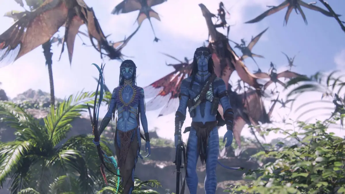 Neytiri (kiri) dan Jake Sully dalam film Avatar: Fire and Ash.