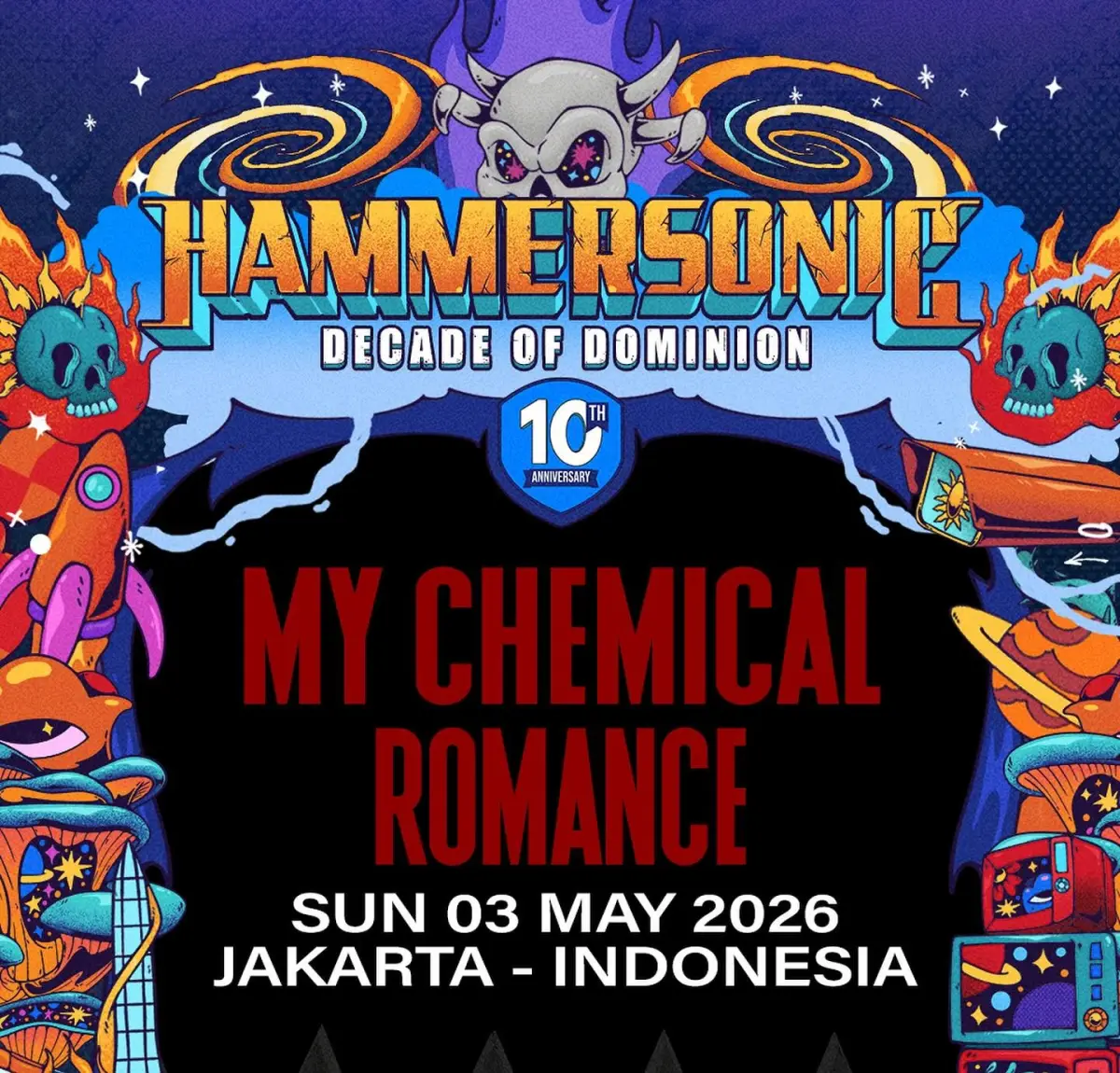 Poster yang menampilkan jadwal konser My Chemical Romance di Hammersonic 2026. (Sumber: facebook)