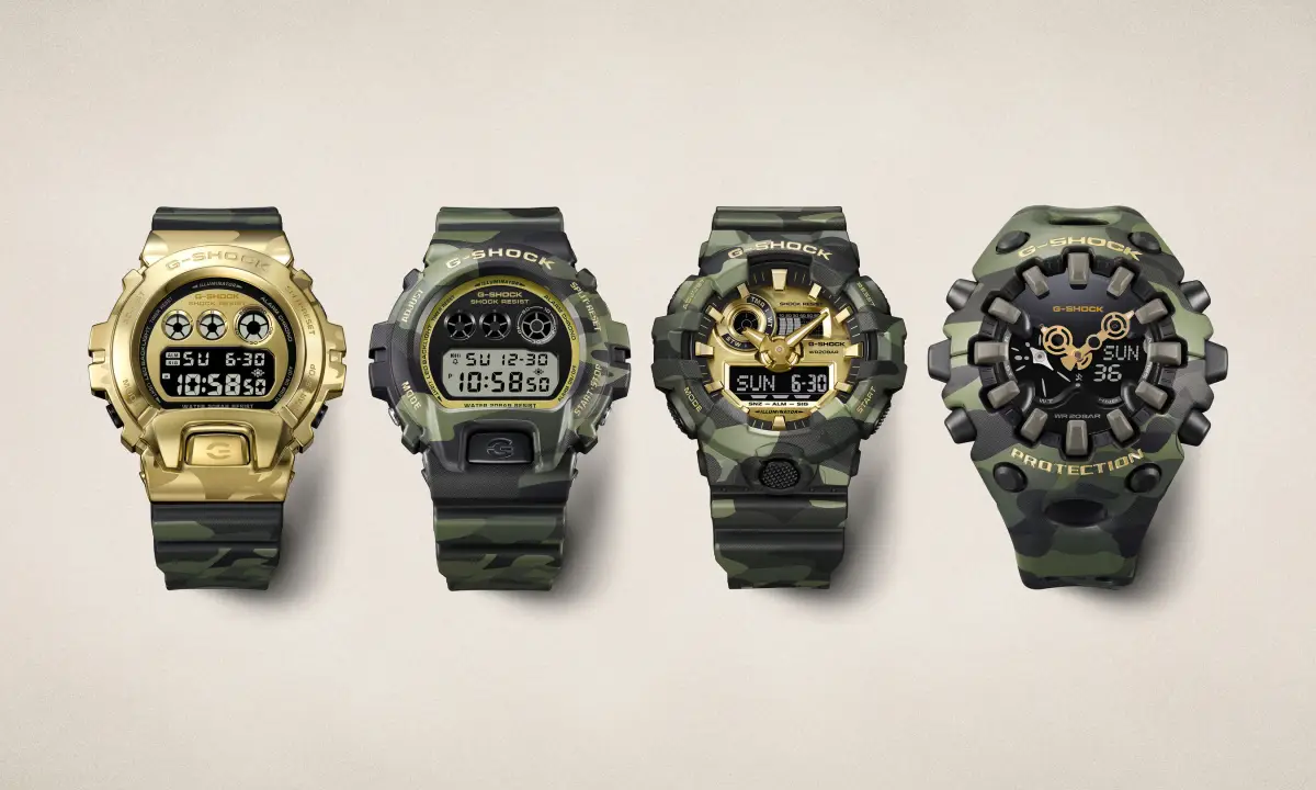 G-SHOCK seri camo dan emas. (Sumber: Casio)